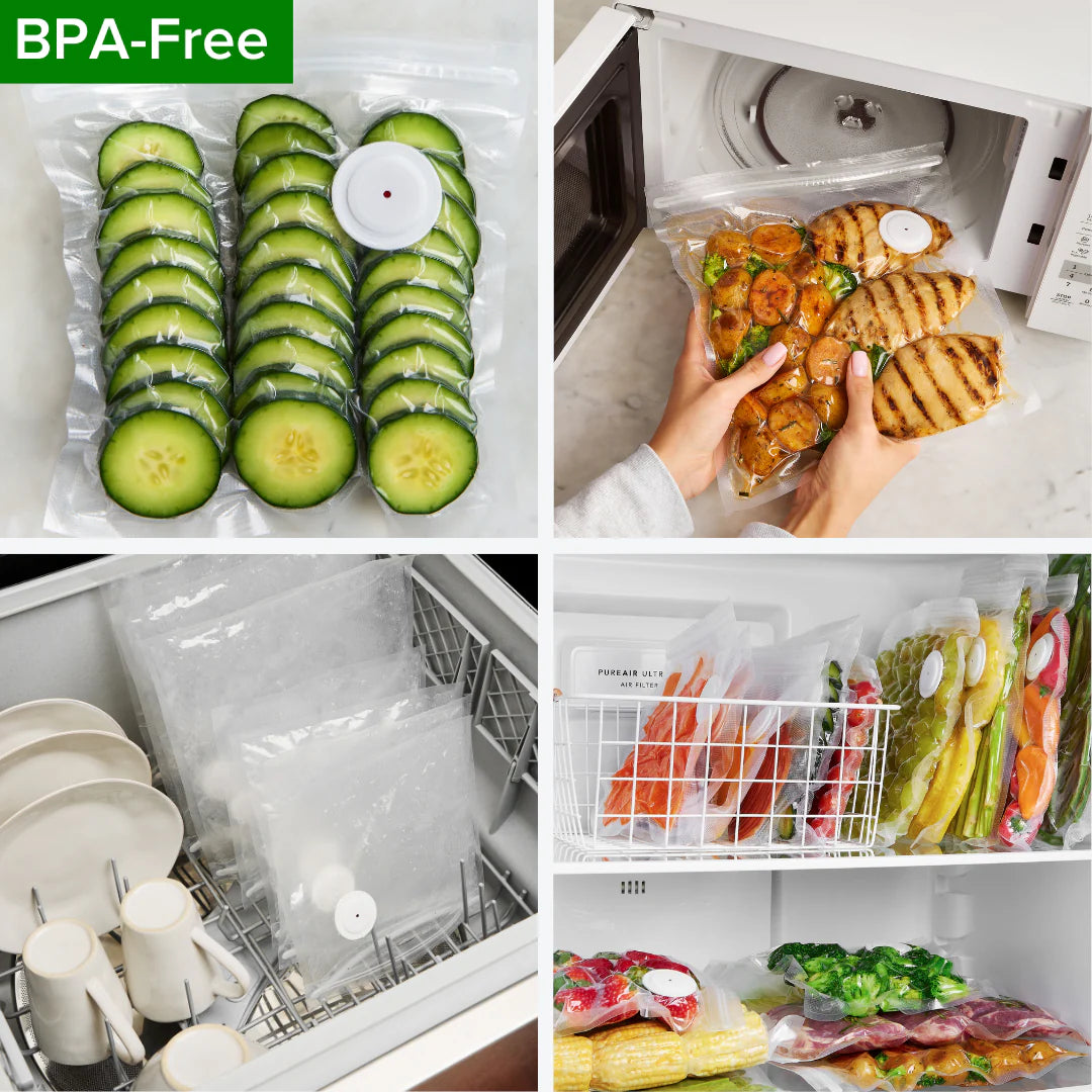 Innovative reusable vacuum bags that are odor-free, leak-proof, and safe for dishwasher, freezer, and microwave; preserves food flavor, nutrition, and texture