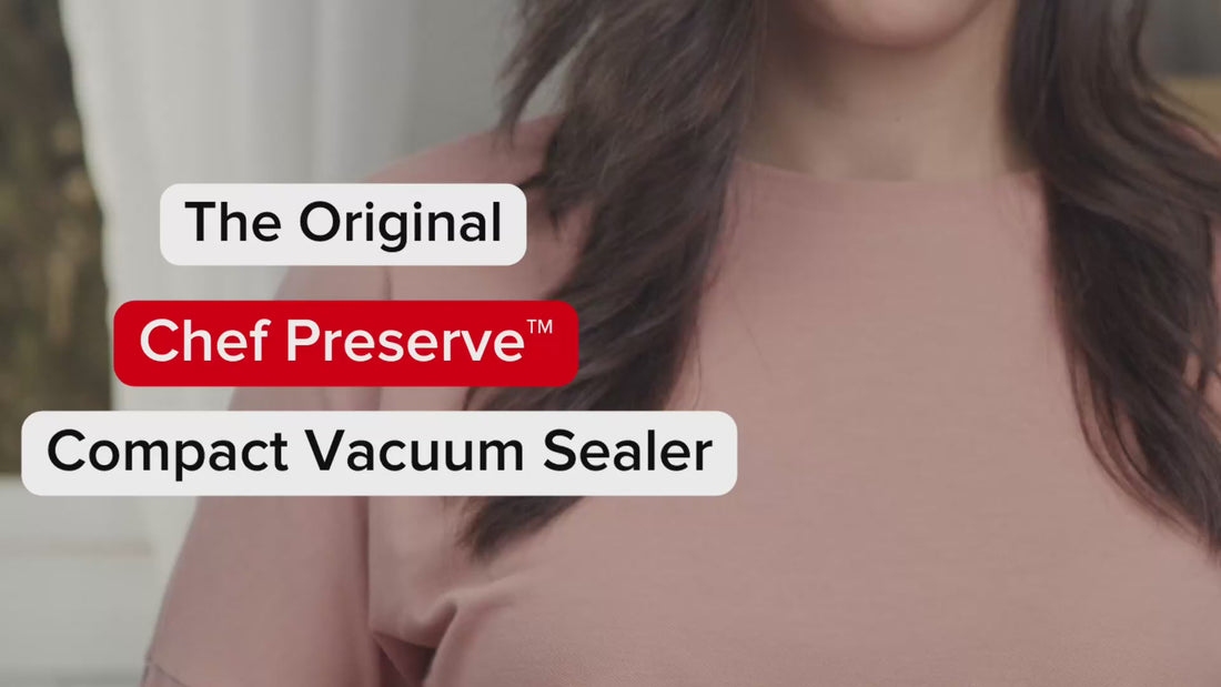Chef Preserve vacuum sealer in action – simply press the button to start, device auto shuts off when sealing is complete